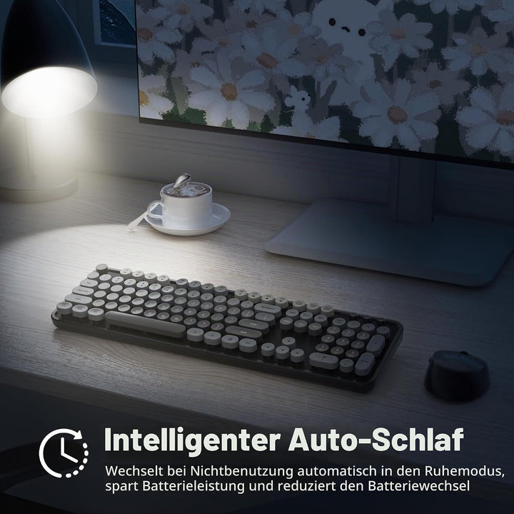 SOLIDEE kabellose Tastatur- und Maus-Kombination, Retro-Schreibmaschinentastatur, 2.4GHz runde Taste