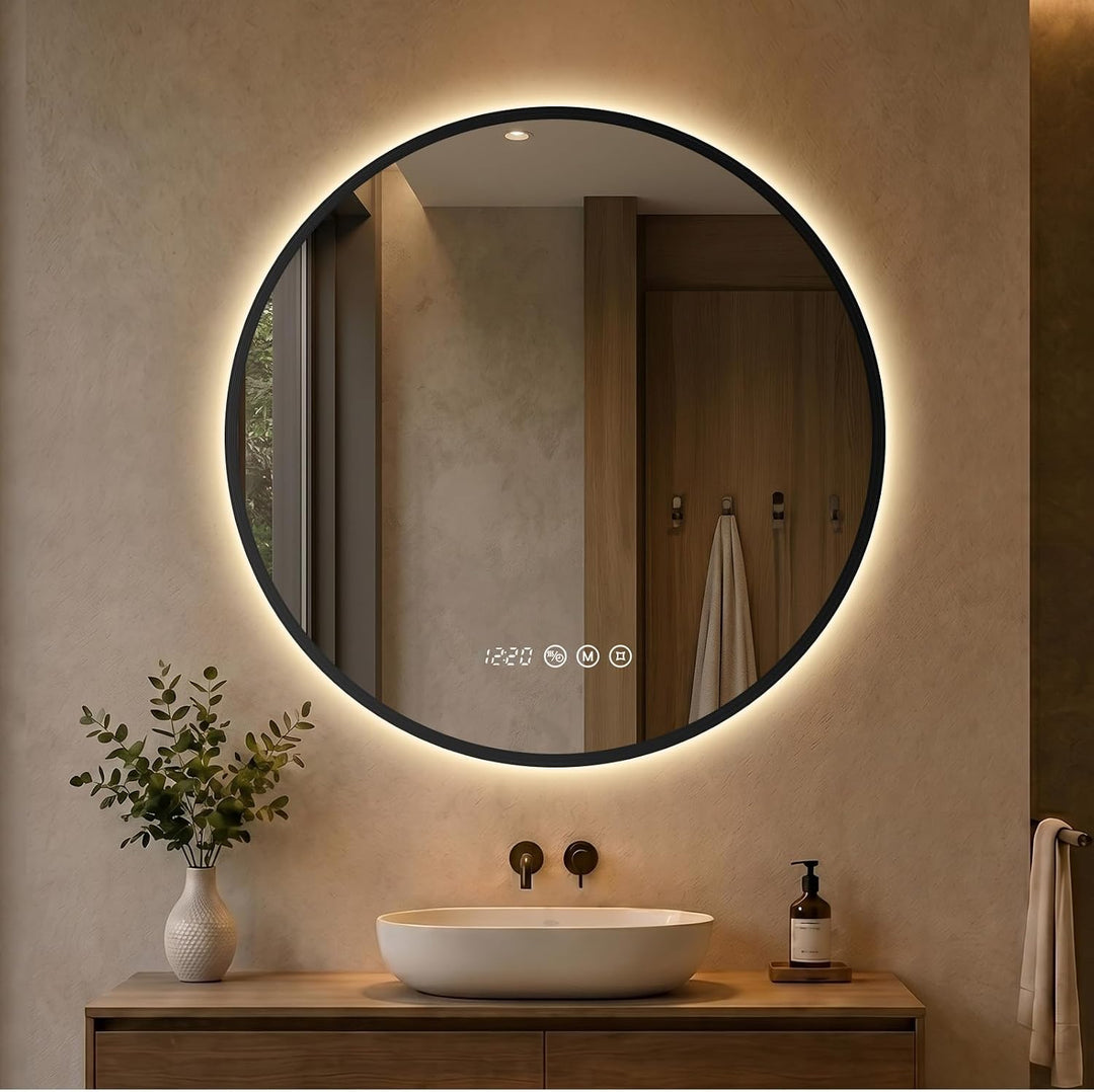 LED Badezimmerspiegel Rund Ø70 cm, Schwarzer Rahmen Schwarze Rahmenserie 70L x 70B cm, Schwarze Rahm