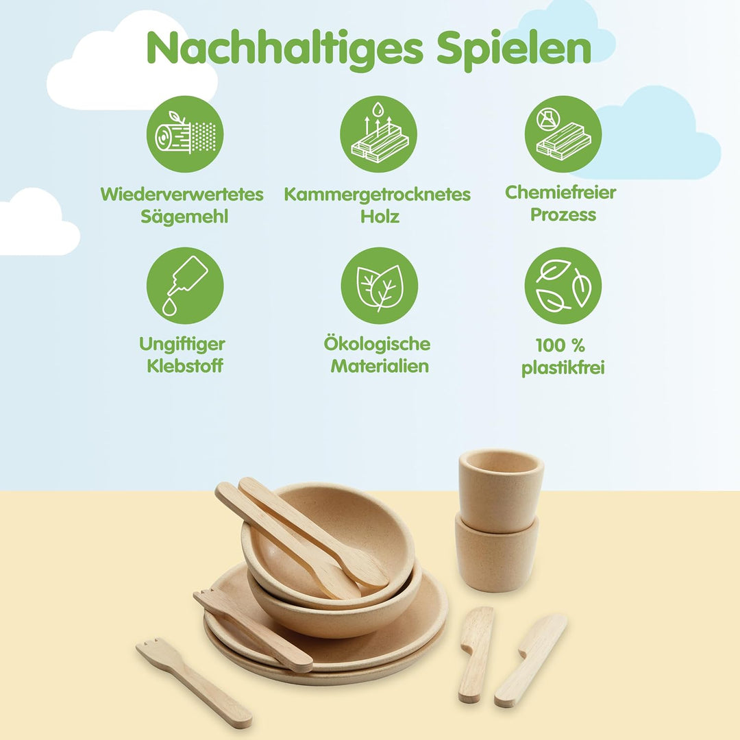 PlanToys Geschirr-Set - Kinderküche Zubehör - Geschirrset aus Holz - Holzspielzeuge 2 Jahre - Set Te