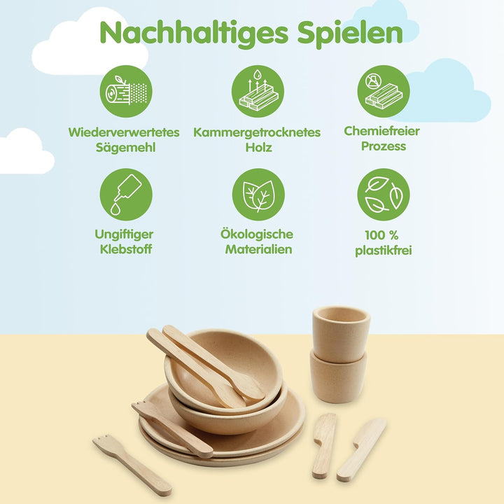 PlanToys Geschirr-Set - Kinderküche Zubehör - Geschirrset aus Holz - Holzspielzeuge 2 Jahre - Set Te