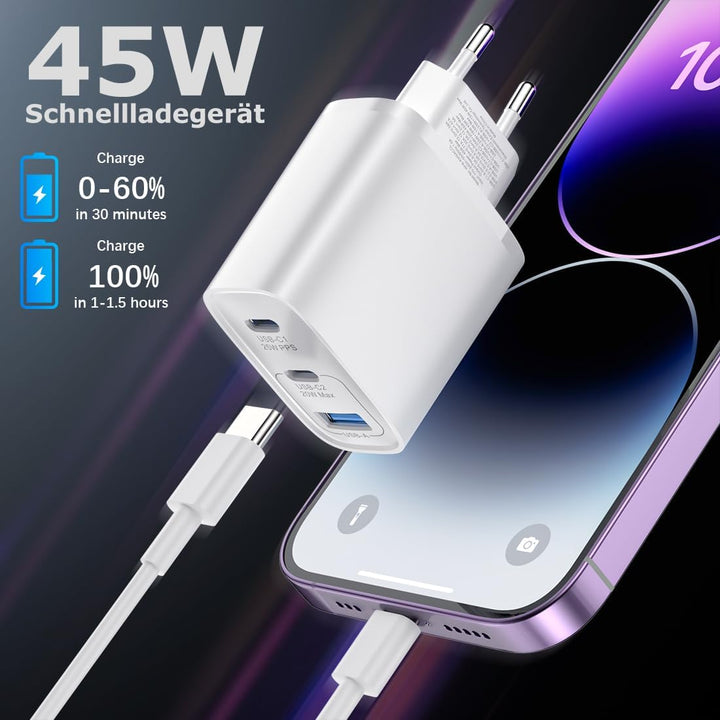 USB C Ladegerät 45W GAN 2er-Pack Netzteil für Samsung Galaxy S25/S24/S23/S22/S21 iPhone 16 15 14 Pro