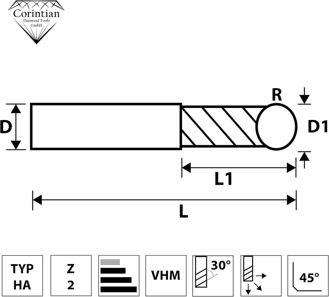 Corintian VHM Radiusfräser Kugelkopffräser 2 Zähne - AlTiN Beschichtung, Ø 12mm, High Performance Cu