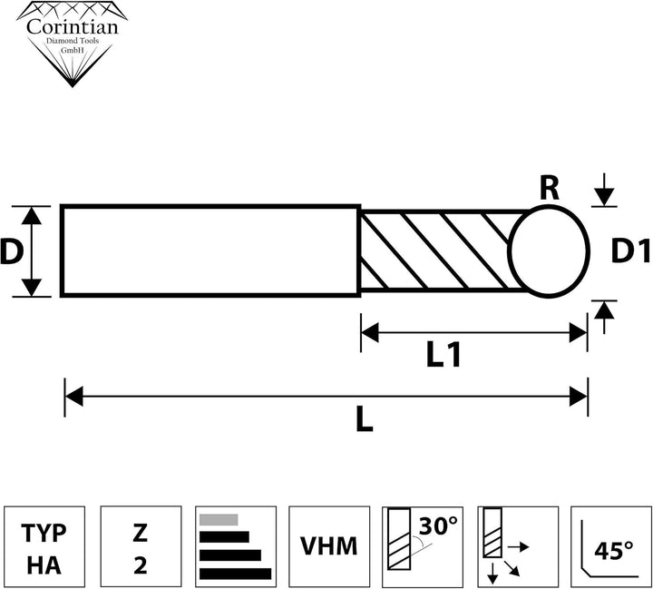 Corintian VHM Radiusfräser Kugelkopffräser 2 Zähne - AlTiN Beschichtung, Ø 12mm, High Performance Cu