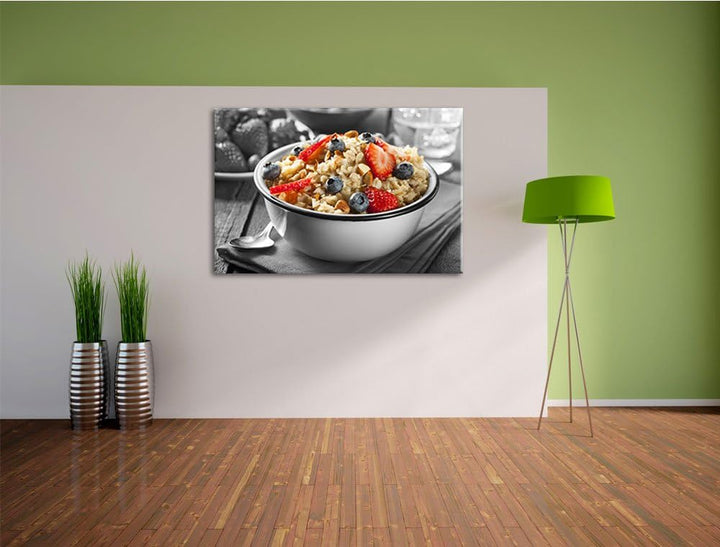Süsses Früchte Müsli schwarz/weiss Format: 100x70 cm auf Leinwand, XXL riesige Bilder fertig gerahmt