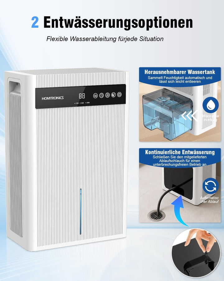 Elektrischer Luftentfeuchter 3L, Zwei Entwässerungsmodi Weiss, Weiss