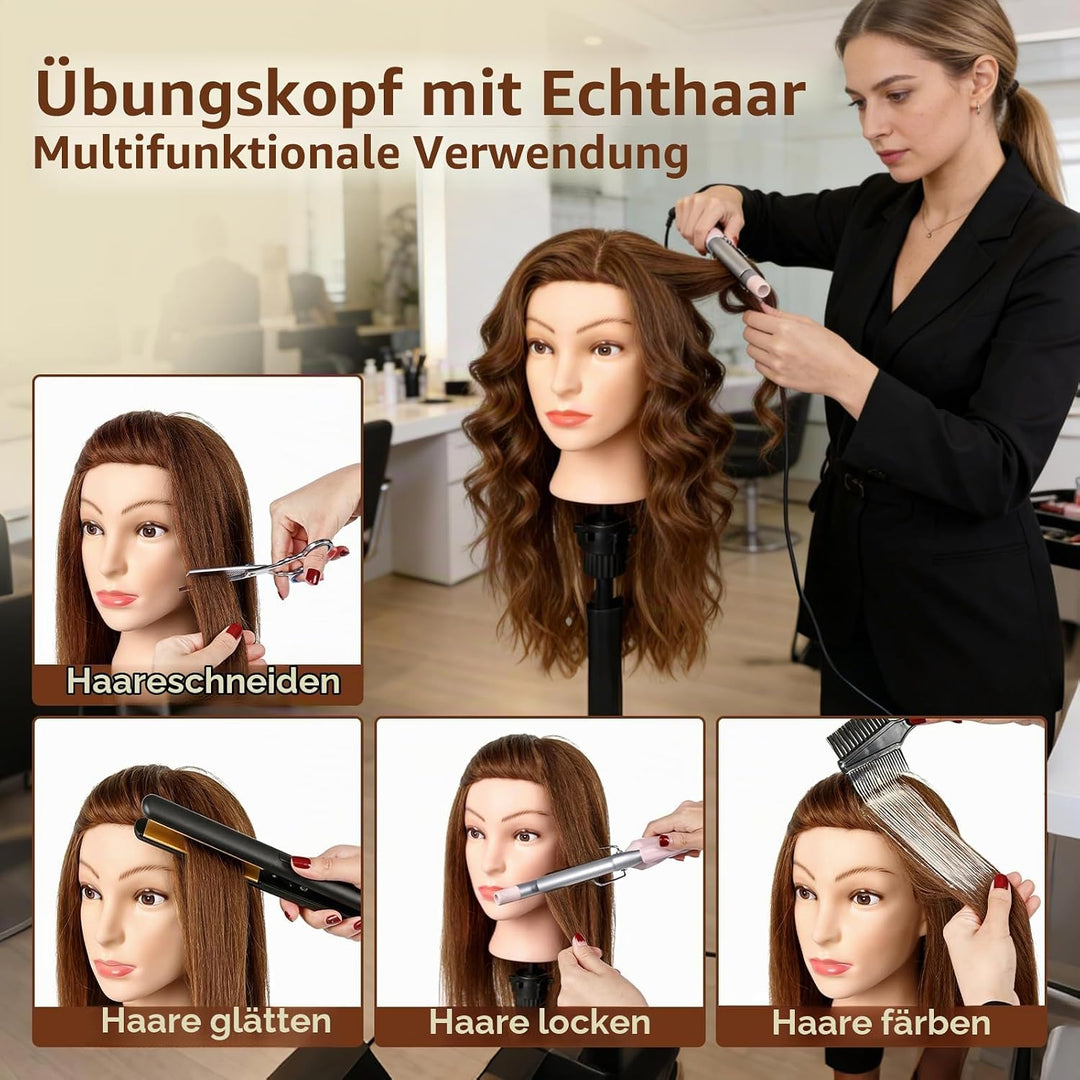 Frisierkopf 100% Echthaar Friseurkopf, TopDirect Übungskopf 22 Zoll 55cm Echthaar Kopf, Frisieren Tr