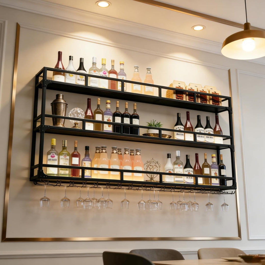 Weinregal Wand, 3 Ebenen Wand-Weinregale mit Glashalter, Multi funktionaler Weinpareite Display Rack