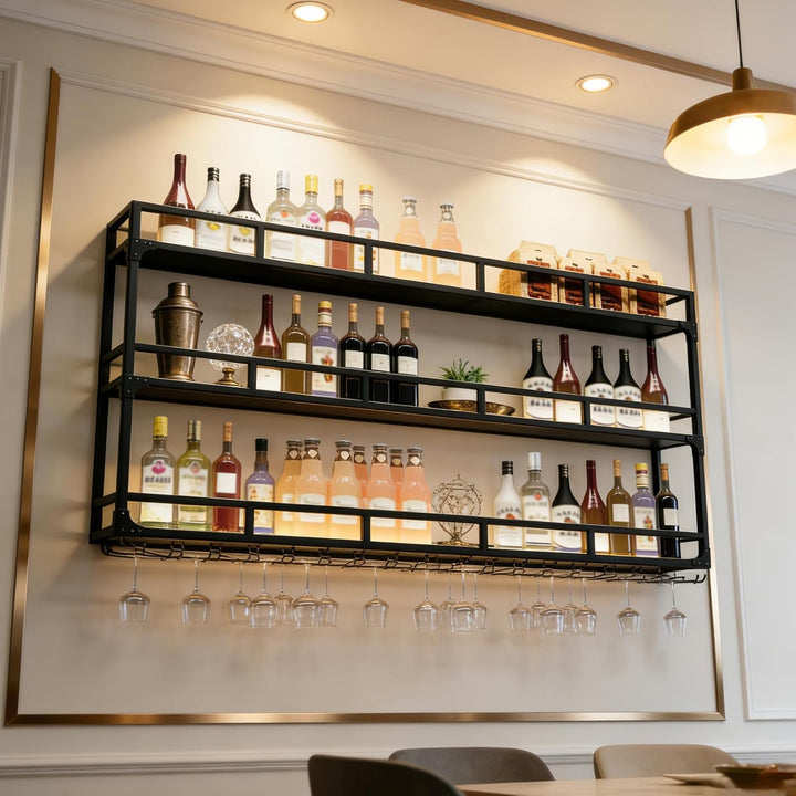Weinregal Wand, 3 Ebenen Wand-Weinregale mit Glashalter, Multi funktionaler Weinpareite Display Rack