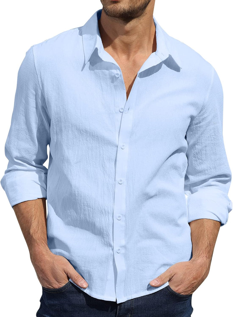 Herren Casual Leinen Shirts Button Down Hemd Hawaiian Strand Shirt S-3XL M Blau, M Blau