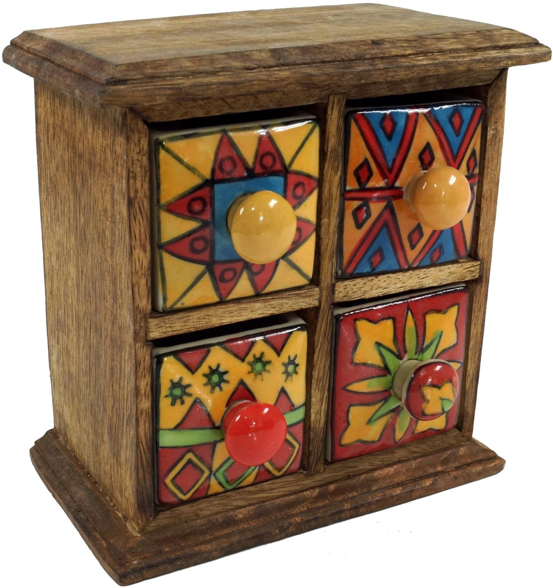 GURU SHOP Apothekerschränkchen mit Bunten Keramik Schubfächern - 2x2 Fächer Modell 1, Braun, 18x17x1