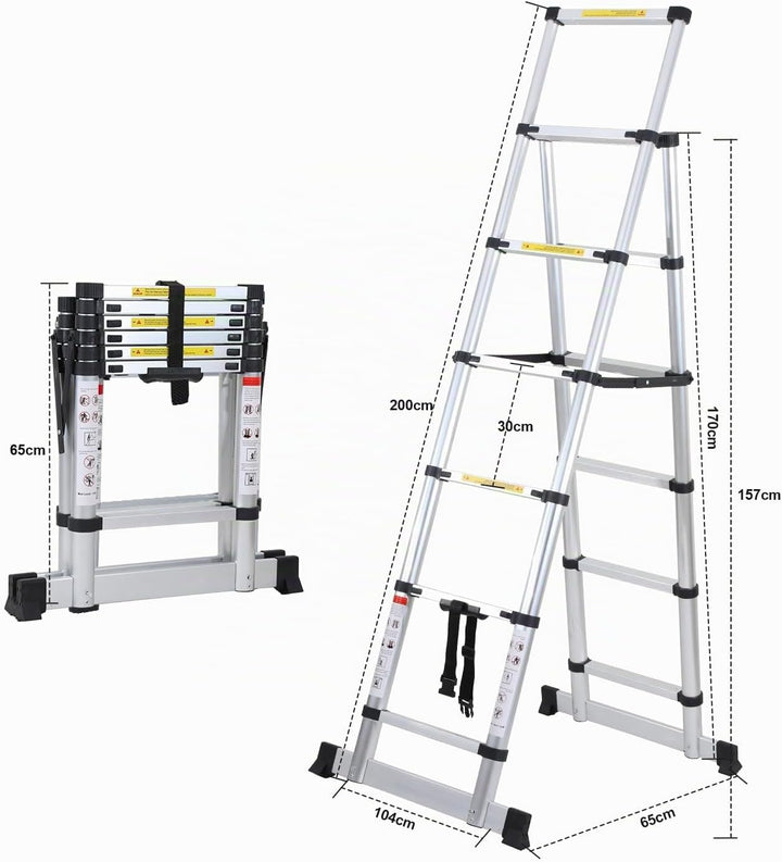 Fiqops 1,7m+2m Teleskopleiter aus Aluminium, 5+6 Stufen Klappleiter A-Rahmen Mehrzweckleiter Stehlei