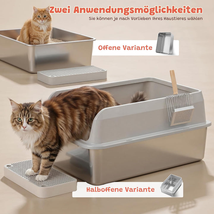 Katzenklo Edelstahl, Katzentoilette Gross XXL mit Metall Schaufel, 50L Katzenklo mit Abnehmbares Hoh
