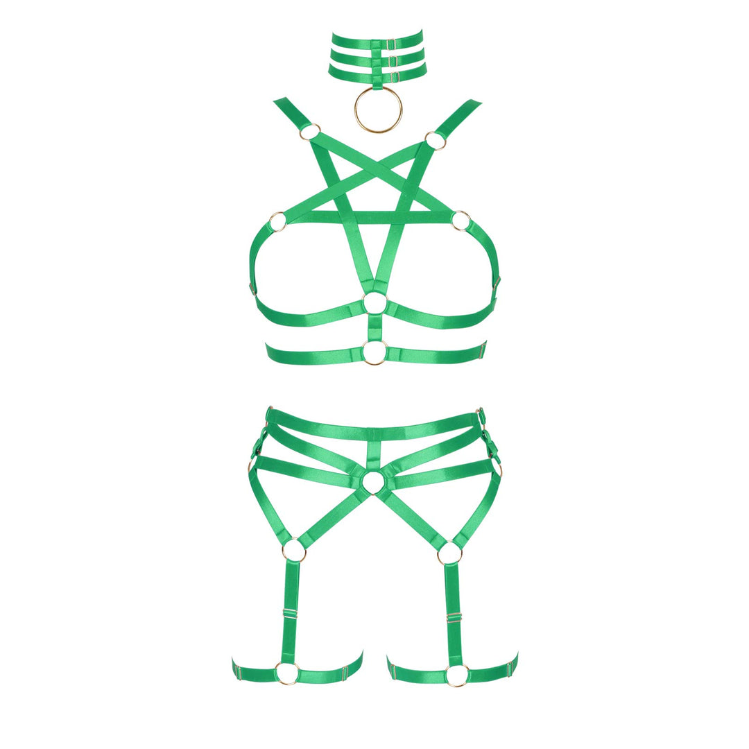 BBOHSS Damen Body Harness Pentagramm BH Set Punk Strumpfband Bein Taille Tanz Elastic Gothic Carniva