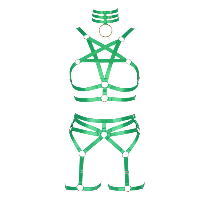 BBOHSS Damen Body Harness Pentagramm BH Set Punk Strumpfband Bein Taille Tanz Elastic Gothic Carniva