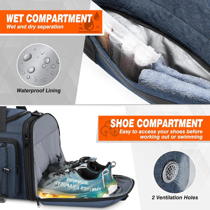 RAINSMORE Sporttasche Herren 40L Wasserdicht Sporttaschen mit Schuhfach Nassfach Erweiterbare Reiset