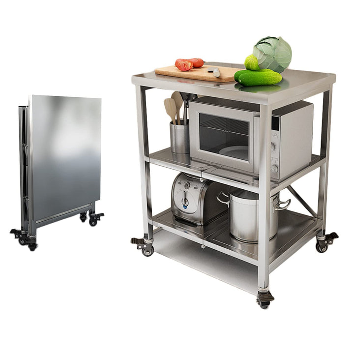 AMSXNOO Arbeitstisch Edelstahl, 3 Ebenen Faltbar Servierwagen Edelstahl Rollwagen Küchentisch mit 4