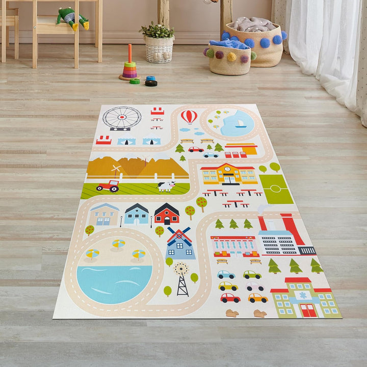Teppich-Traum Teppich Kinderzimmer Kinderteppich Stadt-Motiv rutschfest flachgewebe saugroboterfreun