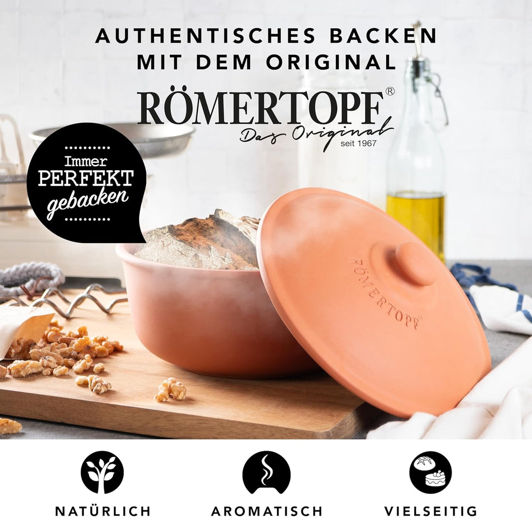 Römertopf Brotbacktopf aus Naurton für ein natürliches Backerlebnis, Brotbackform Ø 23,0cm, Terrakot