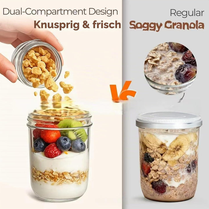 Doppelschicht Glas Salatglas mit Deckel, Trocken- und Nassgetrennt, Frühstücksbecher für Joghurt Müs