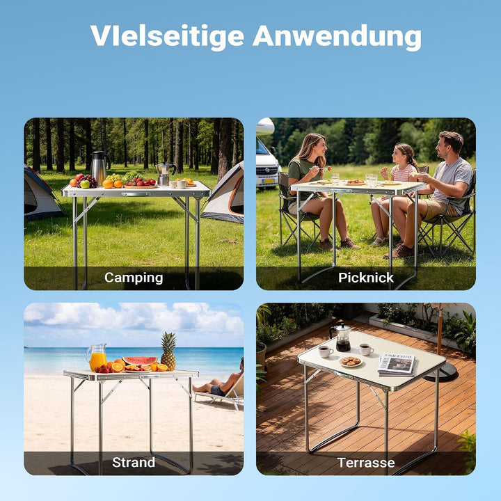 Wiltec Campingtisch klappbar 80x60cm mit weisser Tischplatte aus MDF und Aluminium Rahmen Klapptisch