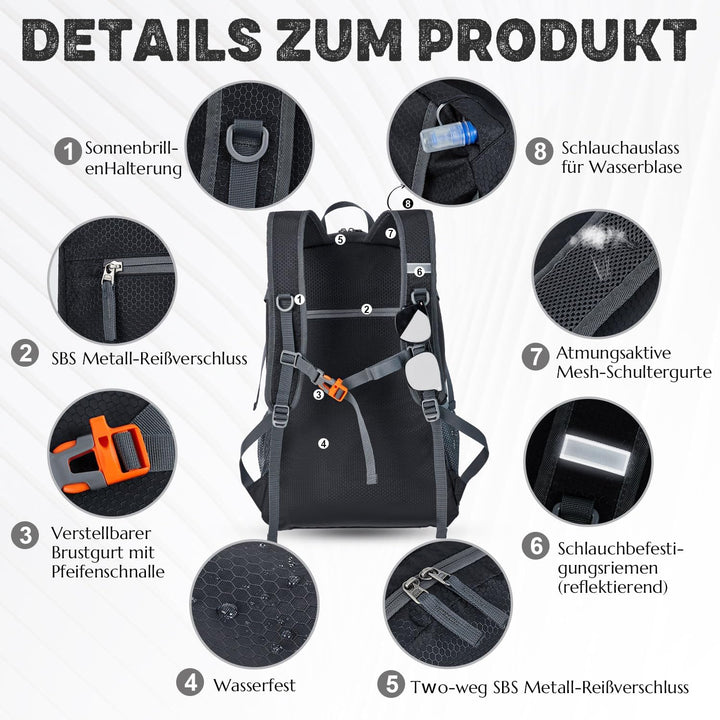 Wanderrucksack Herren Damen 40L Ultraleichter Faltbarer Rucksack Wasserdichter Reiserucksack Trekkin