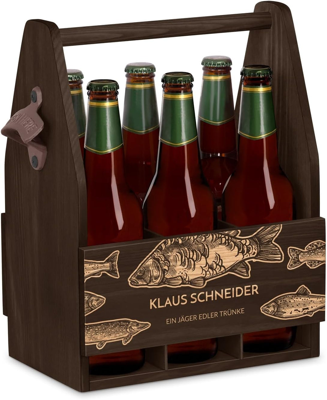Murrano Bierträger für 6 Flaschen 0,5L mit Gravur - Männerhandtasche mit Flaschenöffner - Grösse: 25