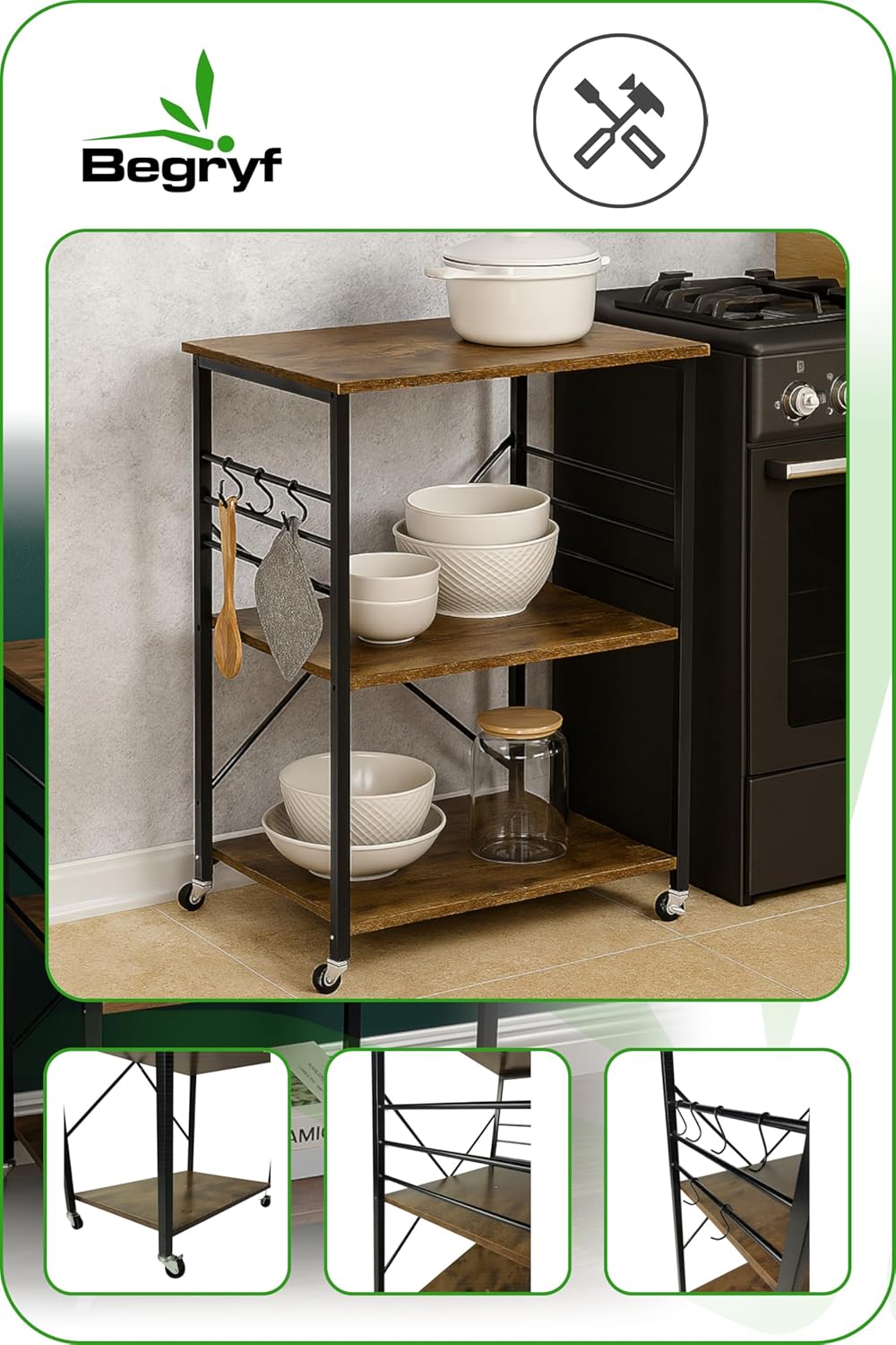 Küchenregal, Küchenkommode für das Esszimmer, dunkelbrauner Küchenschrank, Küchenwagen, Holzregal st