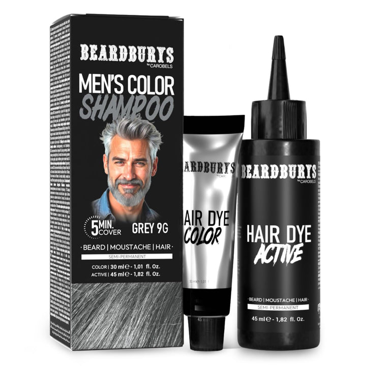 Beardburys Farbshampoo für Bart und Schnurrbart Grau 9G – Semipermanente Haarfarbe für Herren – 5 Mi