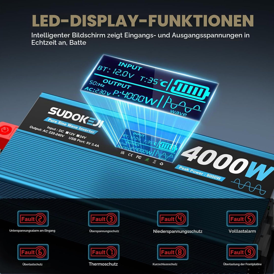 Wechselrichter 12V auf 230V Reiner Sinus 4000W Spannungswandler mit LCD-Bildschirm-Fernbedienung 2 E