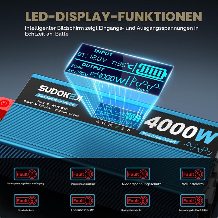 Wechselrichter 12V auf 230V Reiner Sinus 4000W Spannungswandler mit LCD-Bildschirm-Fernbedienung 2 E