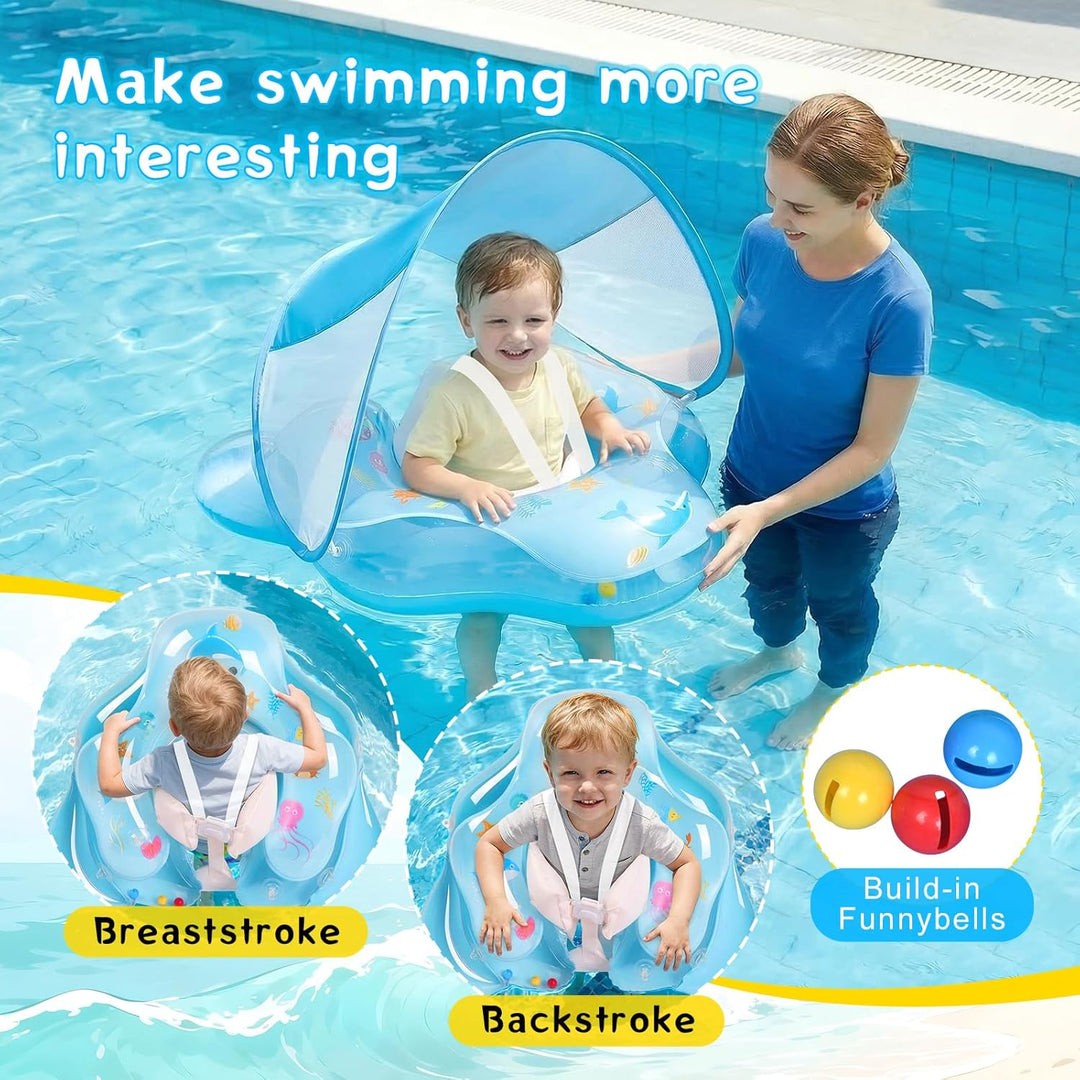 Baby Schwimmring mit abnehmbarem Sonnenschutz und Glöckchen, inklusive 1 x Handpumpe und 2 x Reparat