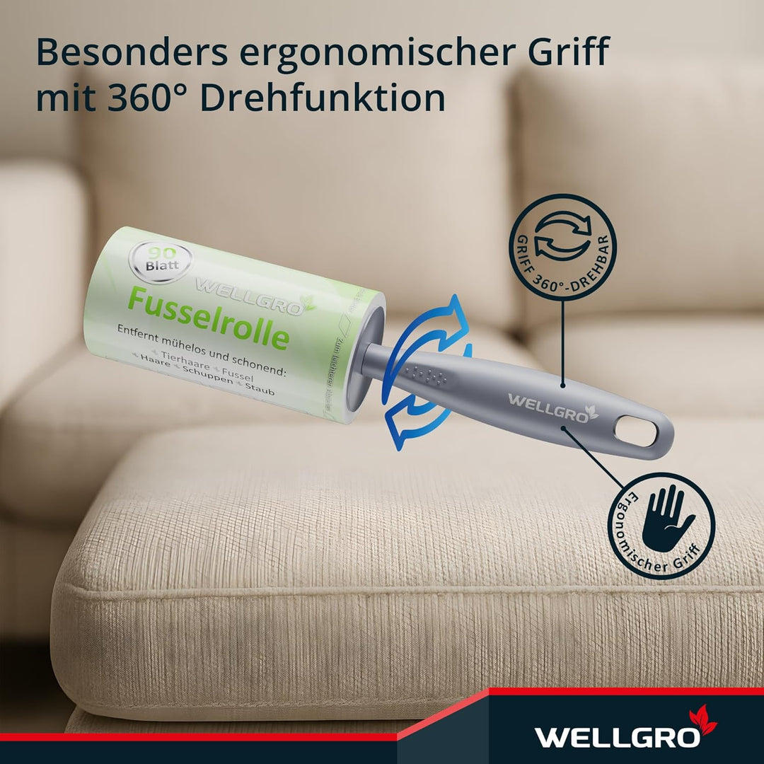 WELLGRO Fusselrolle Tierhaare – 10 Rollen 900 Blatt + 2 Abroller – Fusselroller Kleidung & Kleberoll