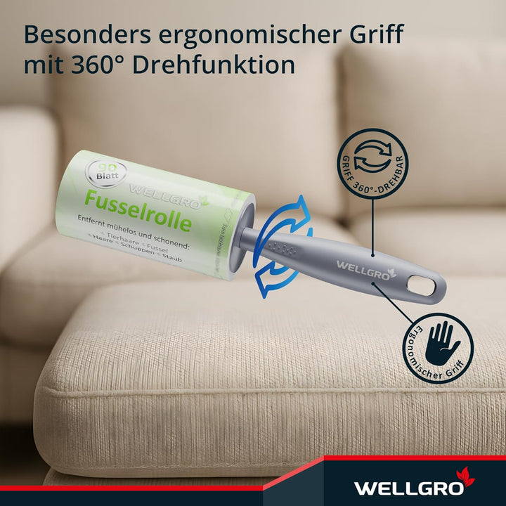 WELLGRO Fusselrolle Tierhaare – 10 Rollen 900 Blatt + 2 Abroller – Fusselroller Kleidung & Kleberoll
