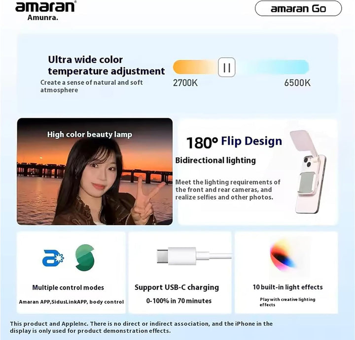 Amaran Go Magnetisches Selfie-Telefon-Licht, Dual-LED-Lichtquelle mit verstellbarem Spiegellicht, CC