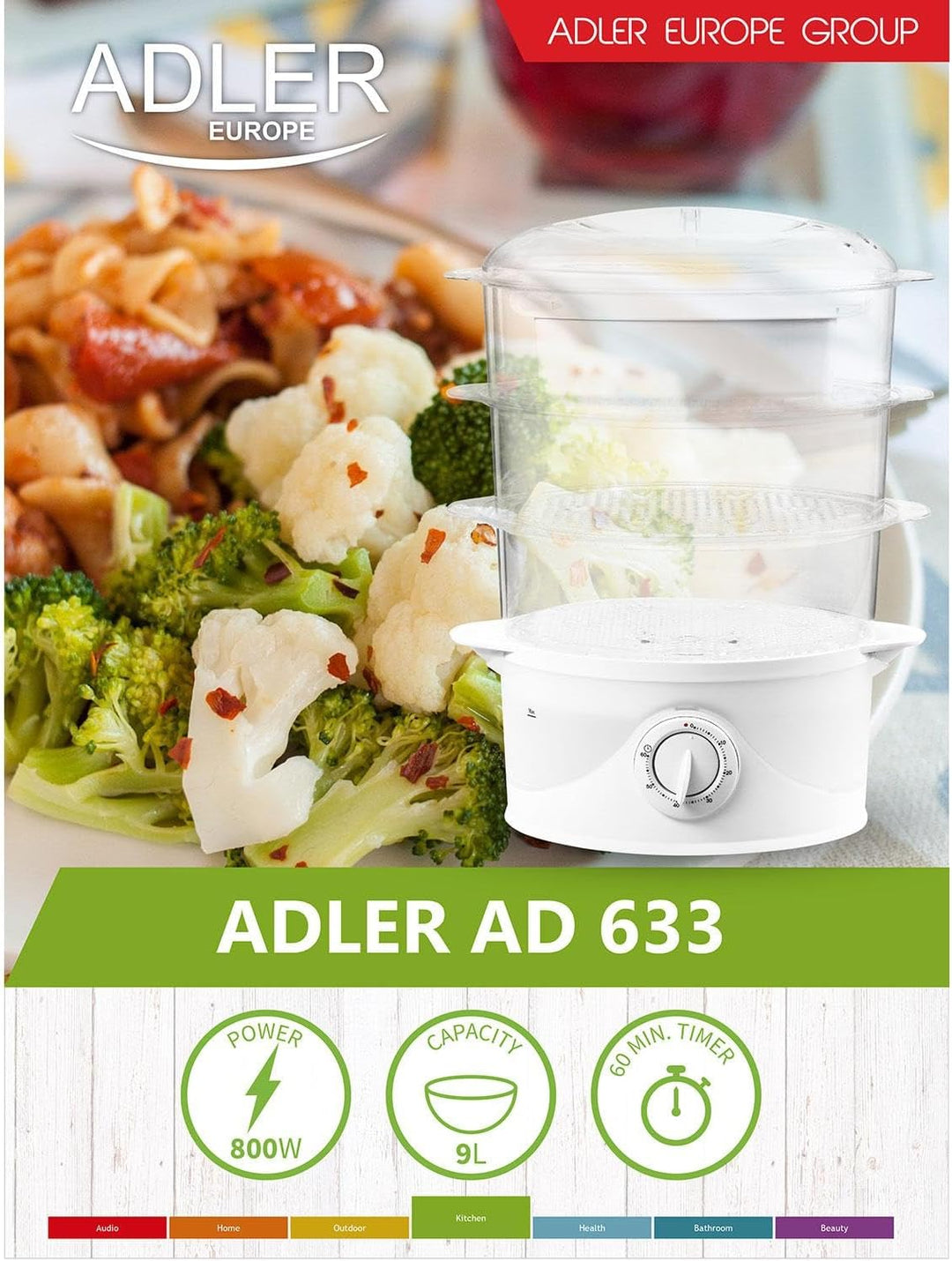 Adler AD 633 Dampfgarer, 800 W, wiess, 9 liters, Weiss