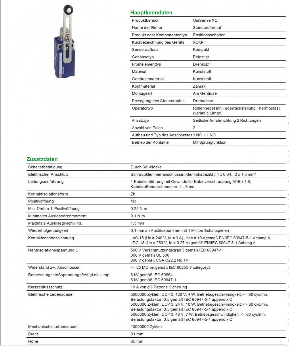 Schneider Electric - XCKP Positionsschalter. Rollenhebel Kunststoffrolle längenvers., 1Ö+1S, Sprungf