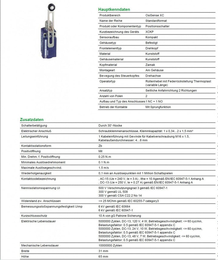 Schneider Electric - XCKP Positionsschalter. Rollenhebel Kunststoffrolle längenvers., 1Ö+1S, Sprungf