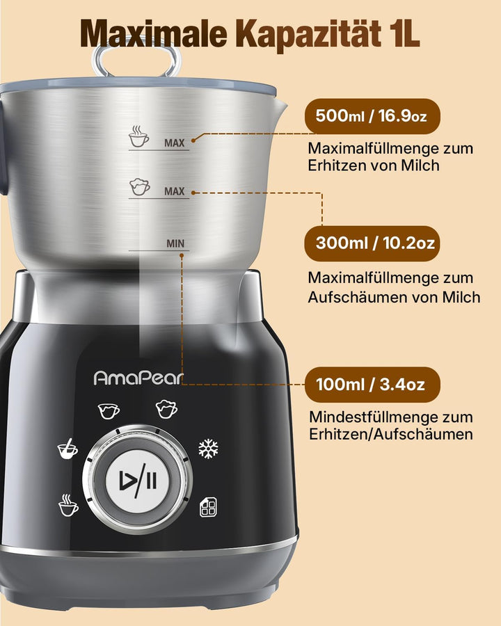 Milchaufschäumer Elektrisch 6 in 1, 500 ML Heisser & kalter Milchschaum, 630W Milchschäumer aus Edel