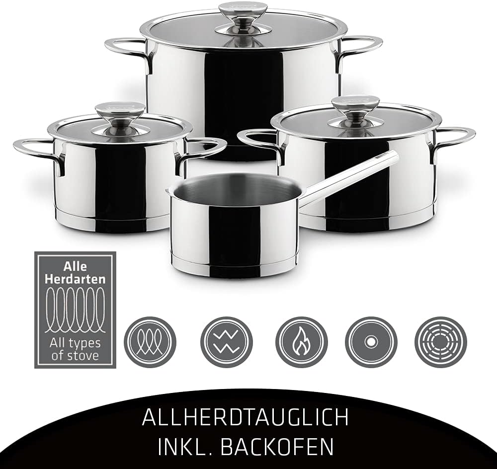 Berndes Milessima Topfset, 4-teilig, Töpfe aus Edelstahl, Induktion, Kochtopfset mit Deckel, für all