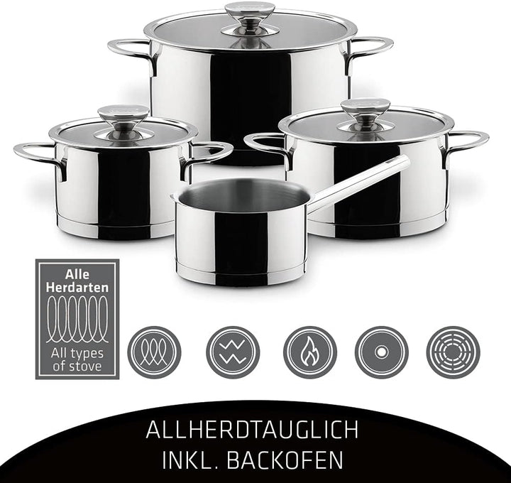 Berndes Milessima Topfset, 4-teilig, Töpfe aus Edelstahl, Induktion, Kochtopfset mit Deckel, für all