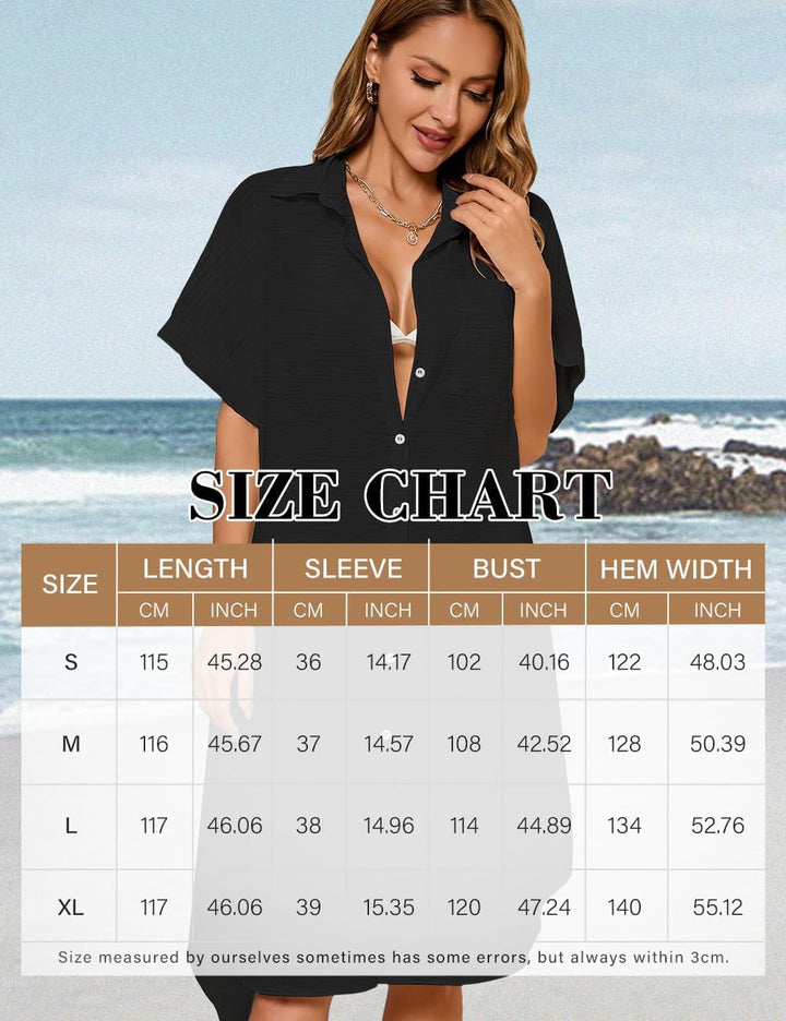 Bsubseach Frauen Button Down Shirt Badeanzug Cover Up Strand Coverup Bluse Tunika Kleid Schwarz M, S