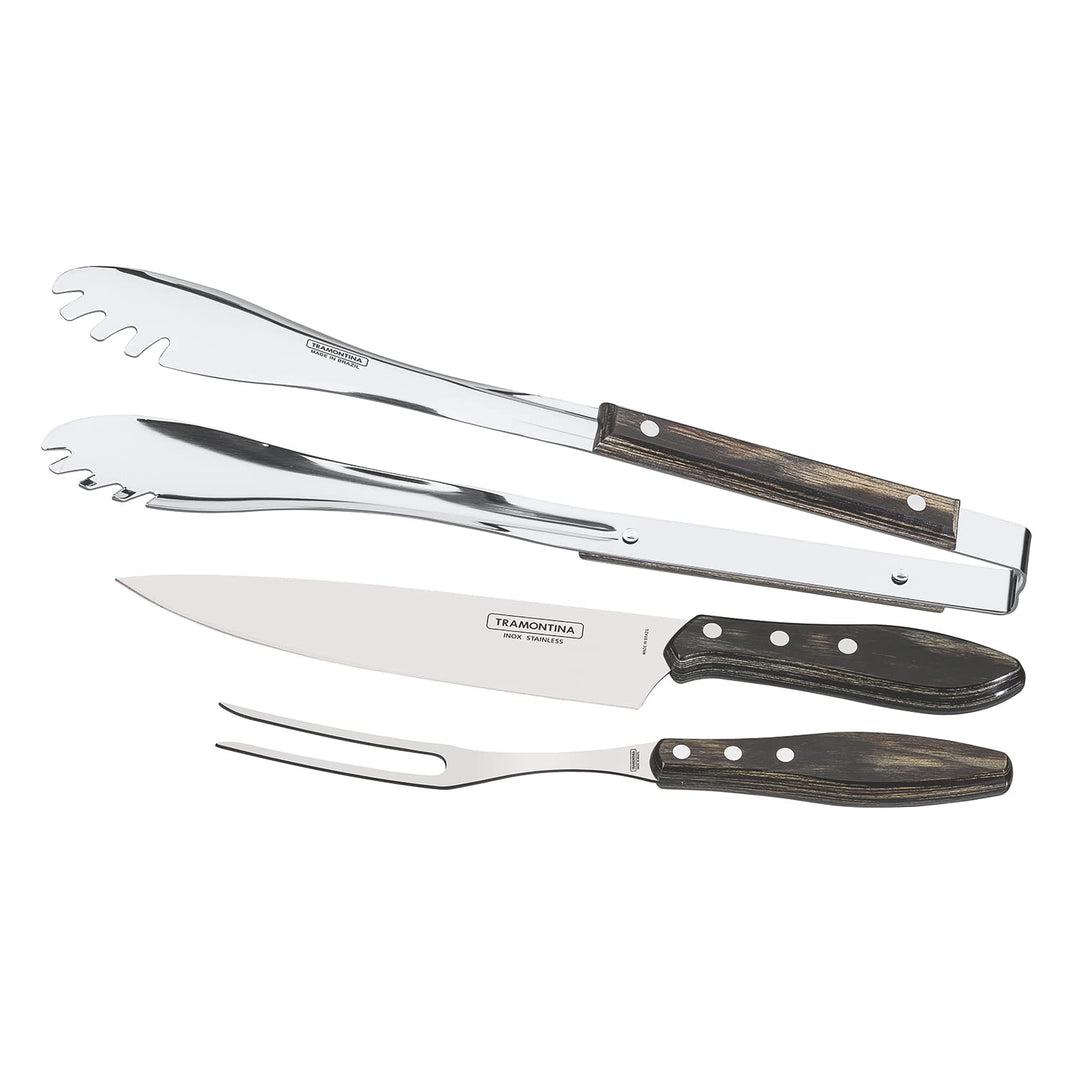 Tramontina Grillbesteck Set, 3-teilig, Grillzange, Tranchiermesser,Tranchiergabel aus rostfreiem Ede