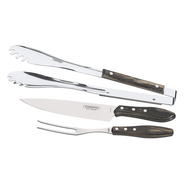 Tramontina Grillbesteck Set, 3-teilig, Grillzange, Tranchiermesser,Tranchiergabel aus rostfreiem Ede