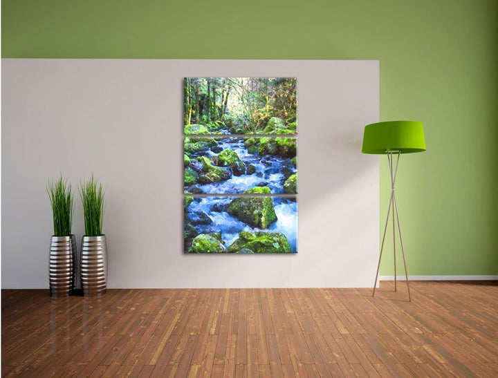 Pixxprint Wilder Bach im Wald als Leinwandbild/Grösse: 3 Teilig (120x80) cm/Wandbild/Kunstdruck/fert