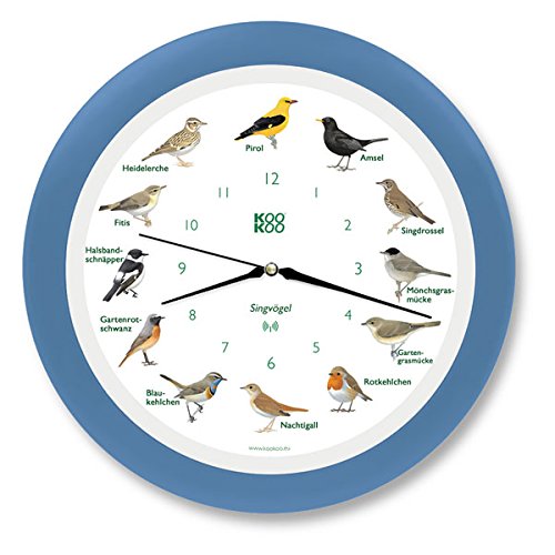 KOOKOO Singvögel Himmel-Blau, Die Singende Vogeluhr, mit 12 heimischen Singvögeln und echten, natürl