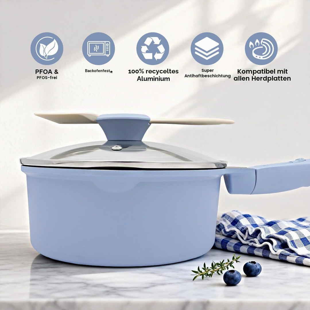 Kasserolle 16cm mit Deckel, 1.5L Antihaft-Stielkasserolle mit Abnehmbarer Griff, Milchtopf Geeignet