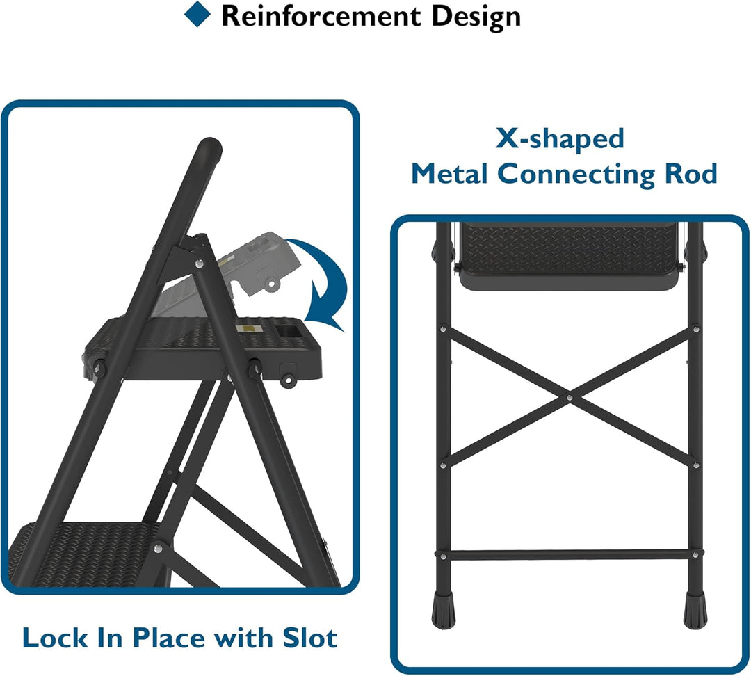 BONTEC Trittleiter 3 Stufen Klappbar, 272kg/600lbs Kapazität mit Breiten Anti-Rutsch-Pedalen, Faltba