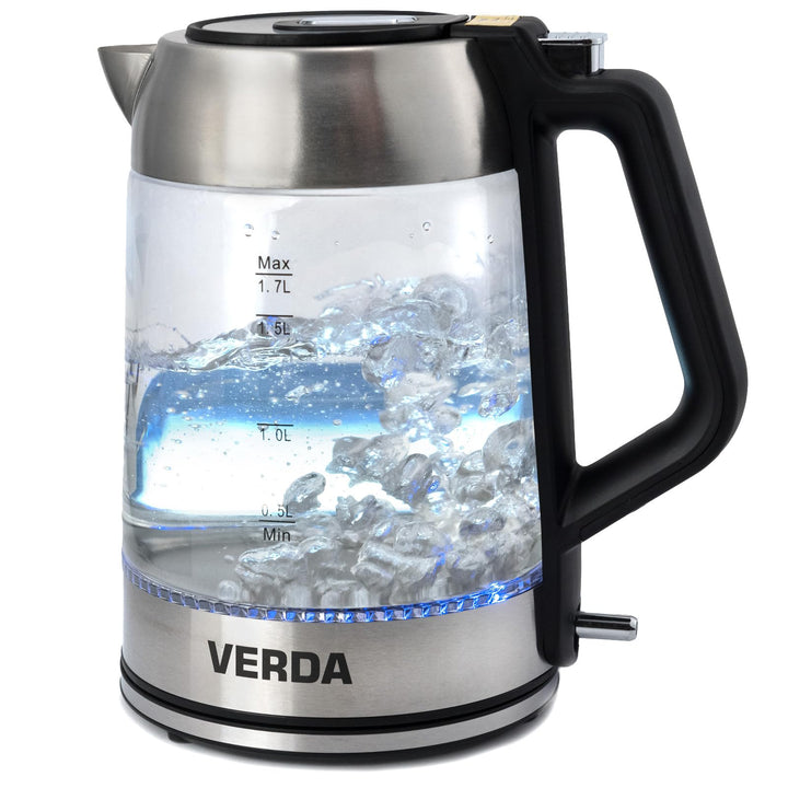 Wasserkocher 1,7L 2200W Edelstahl LED Beleuchtung Glas Kalkfilter, OneTouch-Verschluss, Kabelaufwick