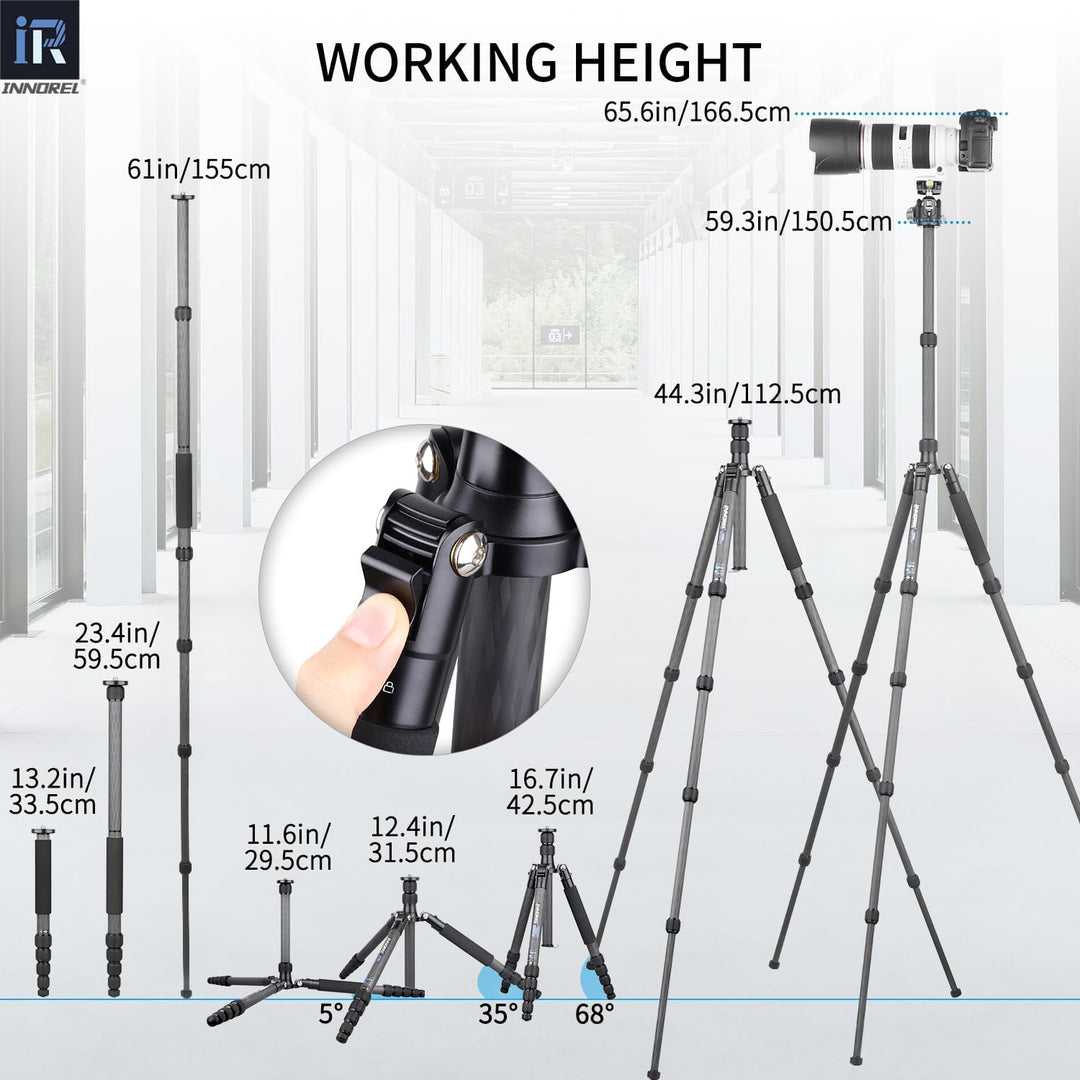 INNOREL RT55C Tragbares Karbonfaser-Stativ für DSLR-Kamera, Video, maximale Höhe 150 cm, maximale Be