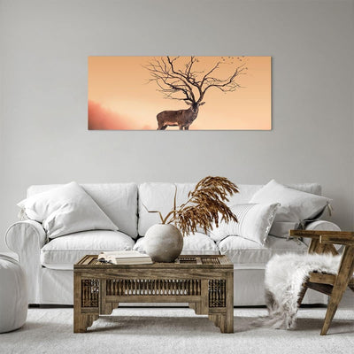 Panorama Bilder auf Leinwand 100x40cm Leinwandbild Hirsch Baum Nebel Wald Gross Wanddeko Bild Schlaf